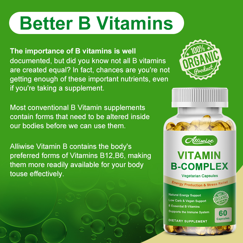Phức hợp vitamin B allicin B1 B2 B3 B5 B6 B7 B9 B12 Sức khỏe tim mạch Hỗ trợ sản xuất năng lượng giảm căng thẳng Viên nang chay tăng cường miễn dịch