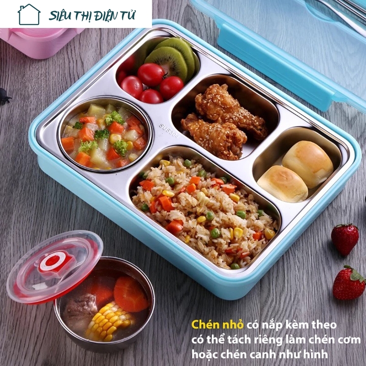 Sieuthidientu [HCM]Hộp Cơm Trưa Sinh Viên Văn Phòng 5 Ngăn Chất Liệu Inox 304 Có Nắp Cách Nhiệt Chống Trầy Xước Kèm Đũa Muỗng