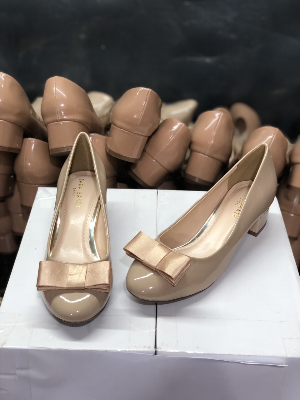 CG893 - Giày cao gót mũi tròn gót vuông 3 phân gắn nơ lụa
