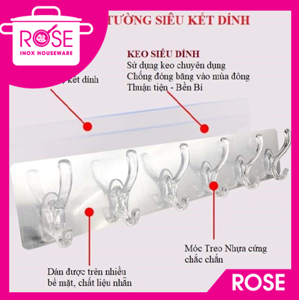 Thanh móc treo đồ 6 móc siêu dính dán tường nhà tắm,nhà bếp,tủ quần áo - móc dán tường treo quần áo