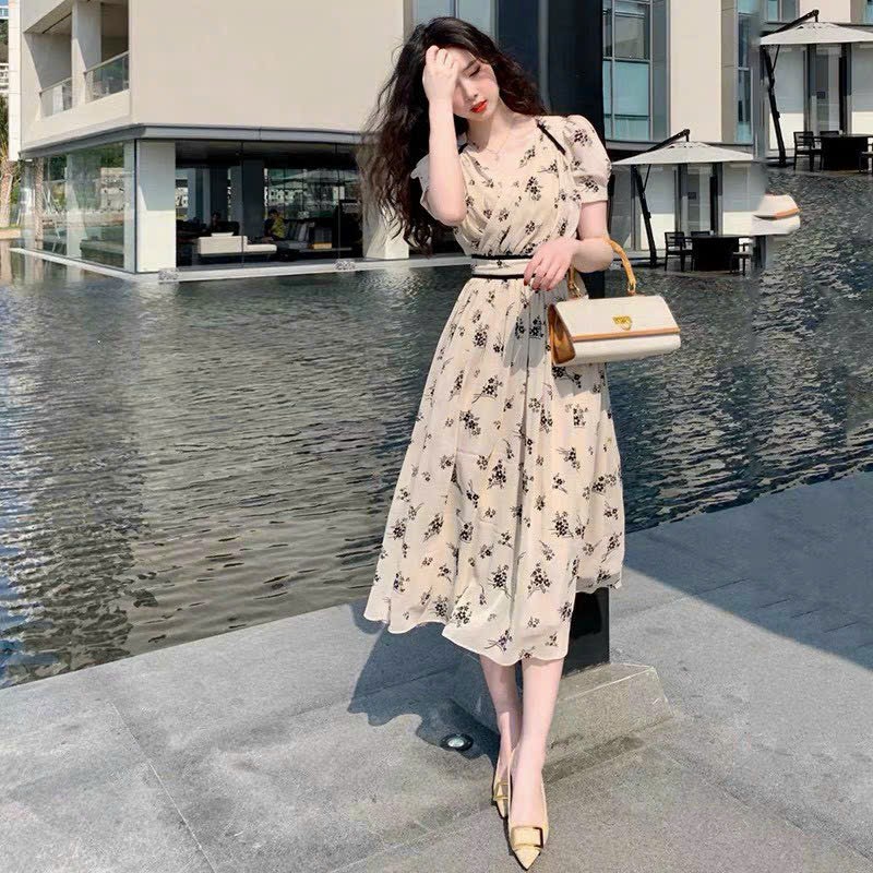[Mới] Đầm Xòe Phối Viền Eo Tay Phồng