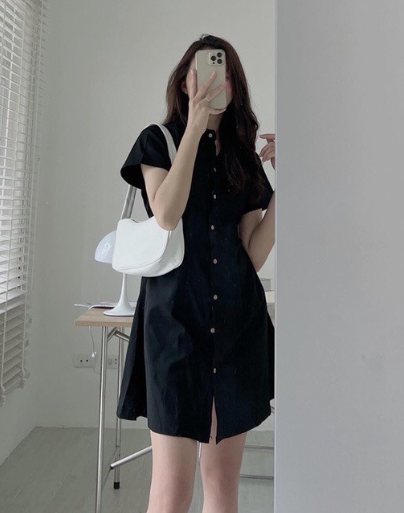 Váy sơ mi thô mềm chiết eo lưng chun dáng xòe đầm sơ mi hàn quốc phong cách trẻ trung năng động - g5.shop