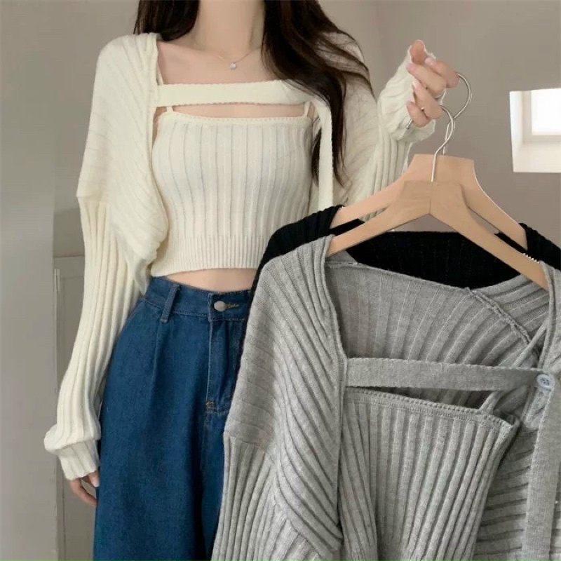 [ MỚI VỀ]-Set áo len gân gồm áo choàng lửng và áo 2 dây QC