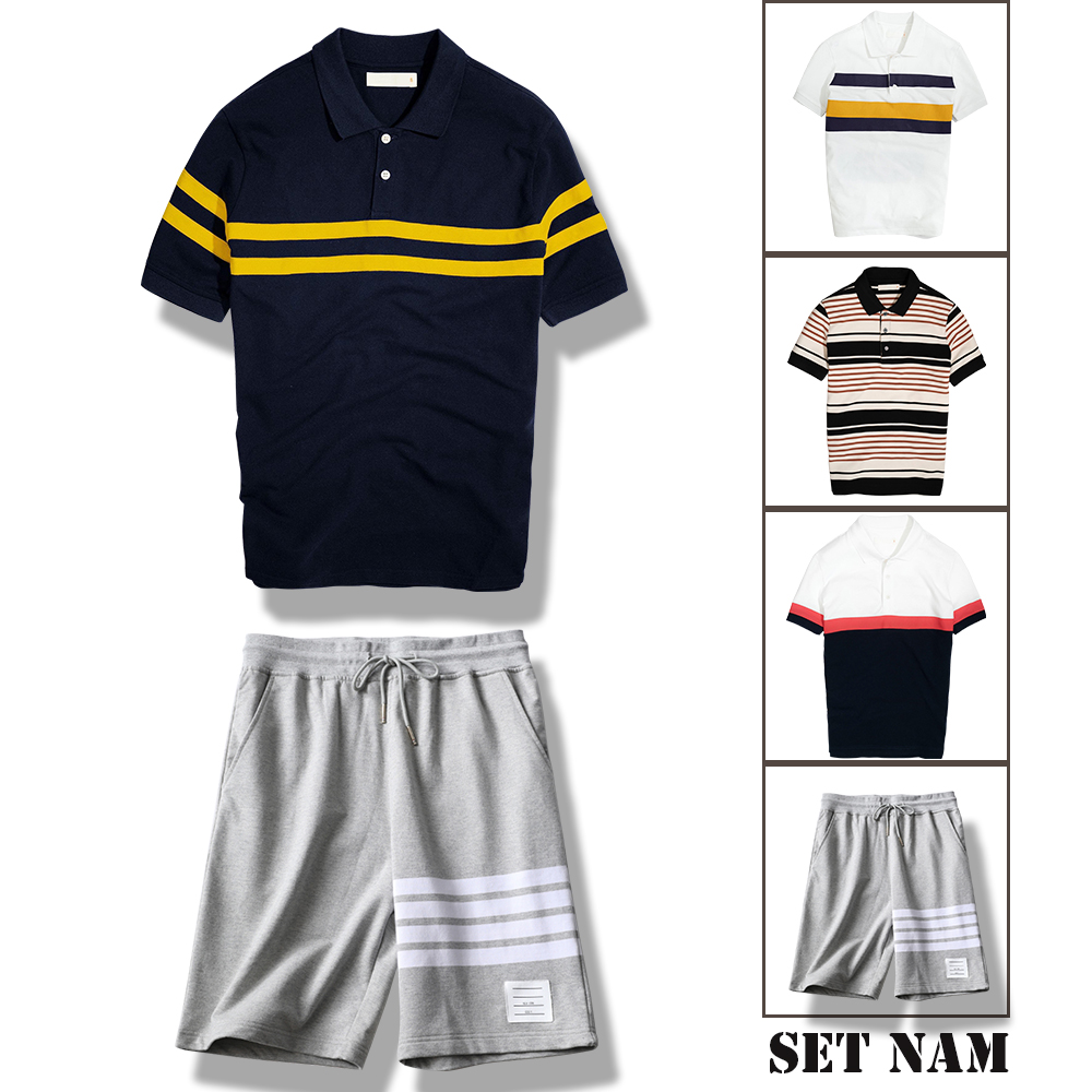 Bộ Quần Áo Thun Nam Áo Thun Cộc Tay Polo Họa Tiết Kẻ Sọc Đơn Giản Kết Hợp Quần Short Kẻ Sọc Thể Thao Dáng Basic Thời Trang FASHION4MENHCM SET GHÉP TOP 157 + SHORT 16