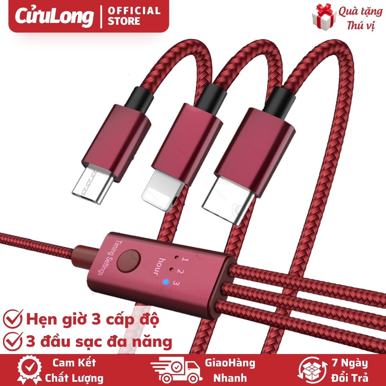 Cáp Sạc Tự Ngắt Hẹn Giờ Thông Minh 3H, 3 Đầu Đa Năng Lightning Type C Micro USB Chống Chai Pin, dây sạc tự ngắt an toàn sạc ban đêm