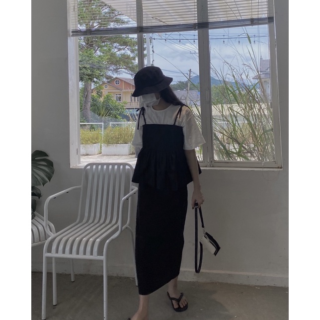 DOB - Chân váy dài linen Black/ Nude