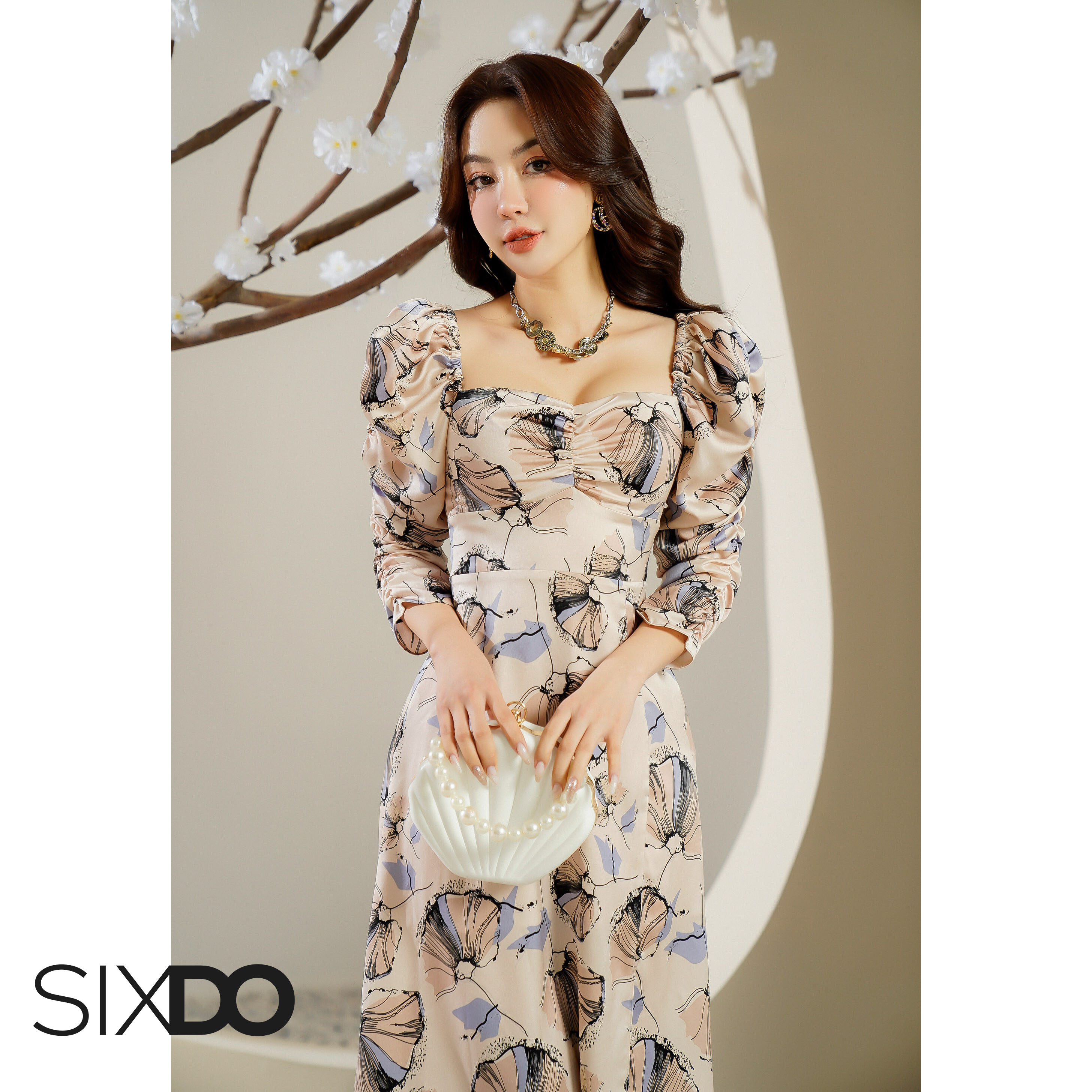 Đầm lụa tay nhúm SIXDO (Nude Butterfly Midi Silk Dress)