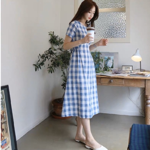 Đầm caro xanh form dài