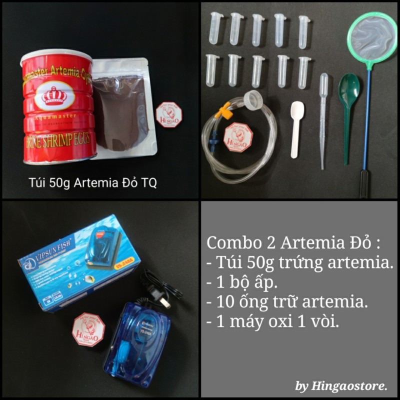 Combo 2 : 50g Trứng Artemia Lon Đỏ TQ + Bộ Ấp + 10 Ống Trữ (tùy chọn) + Máy Oxi 1 vòi - Thức ăn cá cảnh Hingaostore.