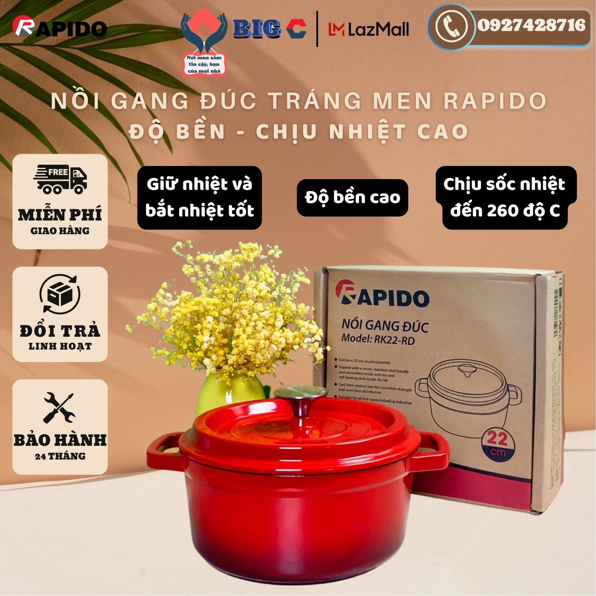 Nồi gang đúc tráng men Rapido RK20-RD, Đúc nguyên khối, Lòng nồi tráng men, Chịu sốc nhiệt lên tới 260 độ C, Sử dụng với mọi loại bếp. nồi gang đúc nguyên khối, nồi gang đúc nấu cơm , nồi gang kho cá, xoong nồi nhà bếp,
