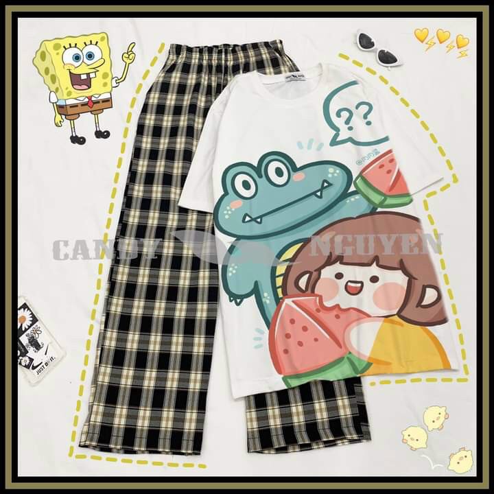 Sét Bộ Coton Mặc Nhà Quần Caro Cạp Cao Ống Rộng + Áo Hoạt Hình Cartoon Đáng Yêu Hot Trend Ulzzang Hàn Quốc TTSLB0129