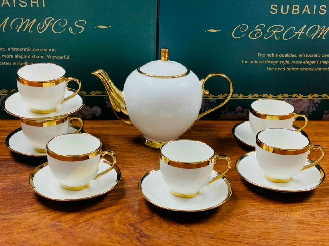 Bộ ấm chén viền chỉ vàng cao cấp