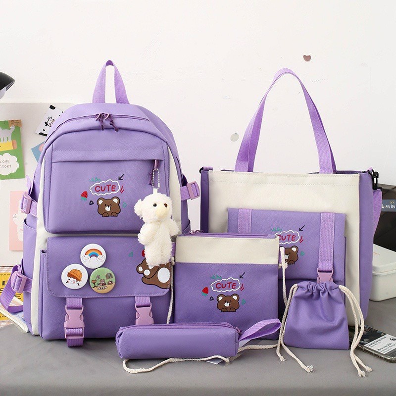Combo Balo 4 Món Đi Học, Balo Thời Trang - SET GẤU CUTE