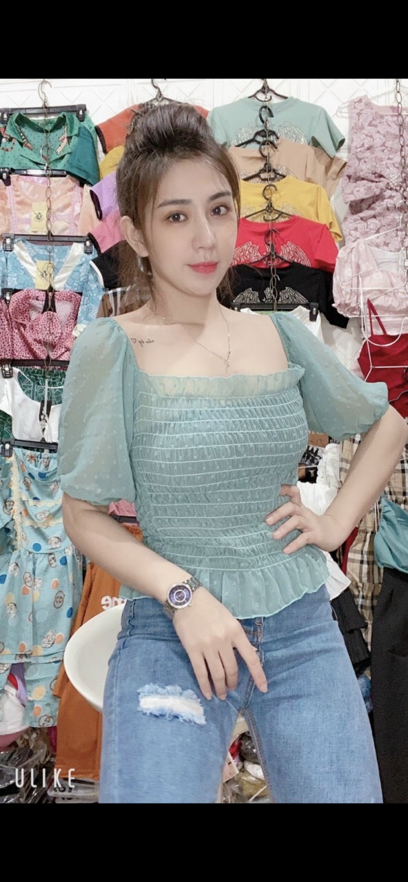 Áo voan nhún phối tay lưới voan bông xinh