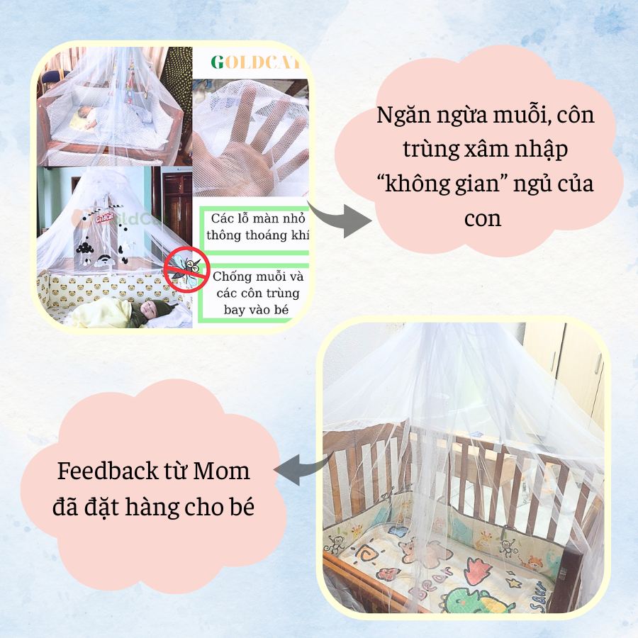 Màn cũi cho bé và cây treo Goldcat ( xanh-hồng- trắng)