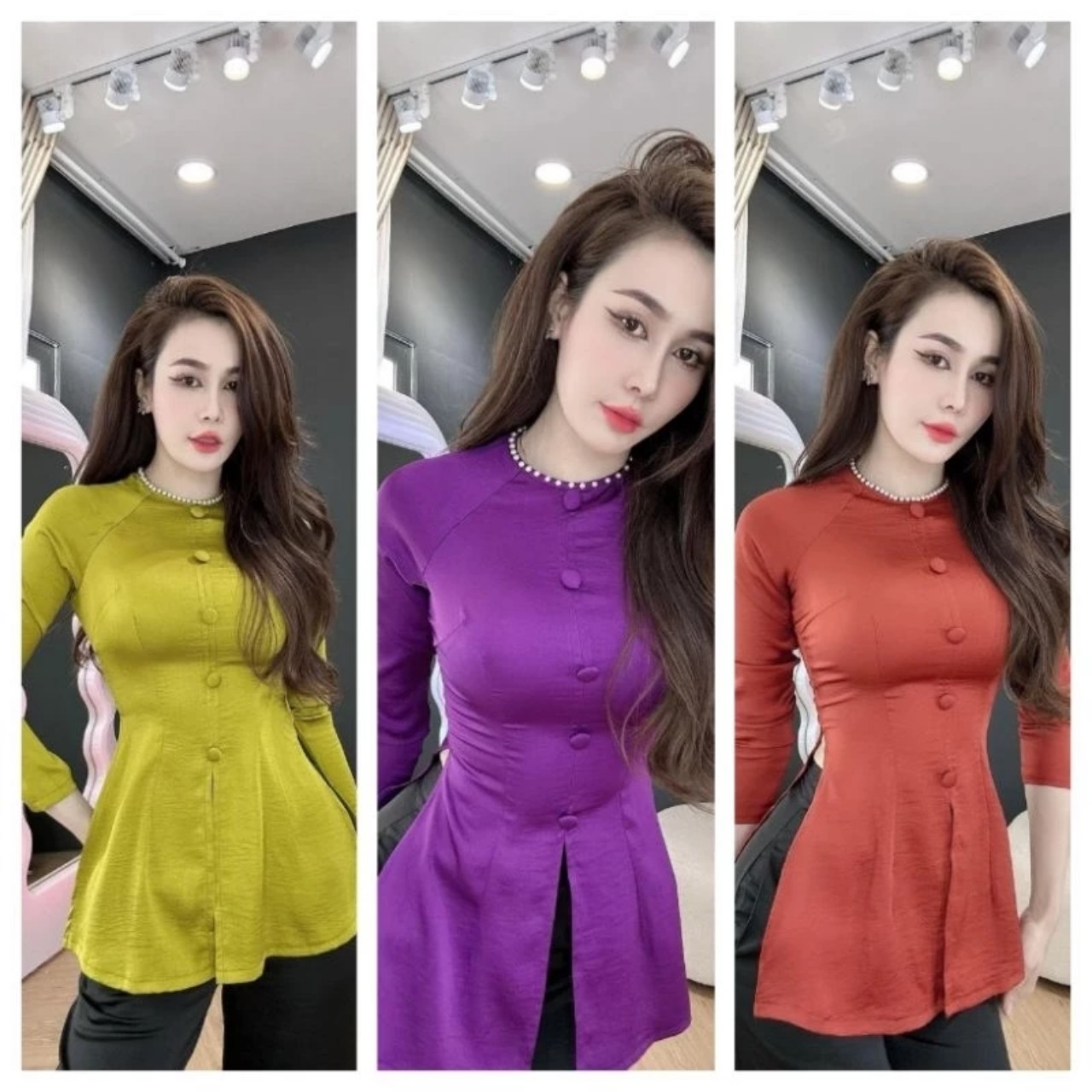 sét bà ba viền ngọc tay dài nút bọc