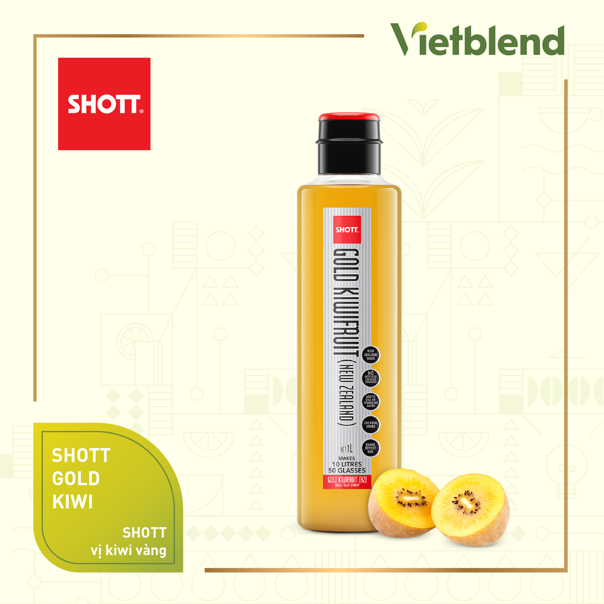 Syrup pha chế SHOTT - Vị Kiwi Vàng Gold Kiwifruit - Chai 1L