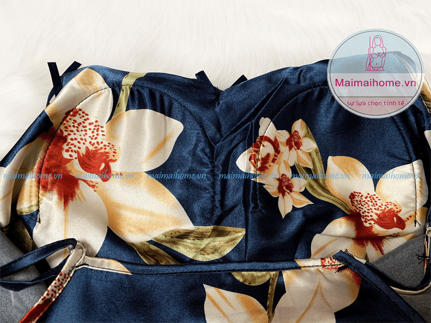VÁY/ĐẦM NGỦ 2 DÂY HOA XANH LỤA SATIN [Maimaihome]