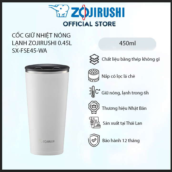 Cốc giữ nhiệt nóng lạnh Zojirushi SX-FSE45-WA 0,45L(màu trắng), cốc có tấm lọc trà, bảo hành giữ nhiệt 1 năm