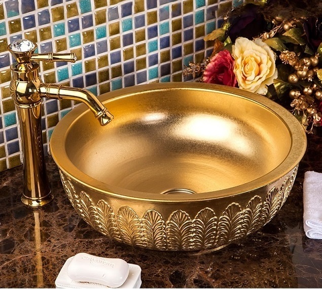 Chậu sứ lavabo để bàn màu vàng nhám độc đáo