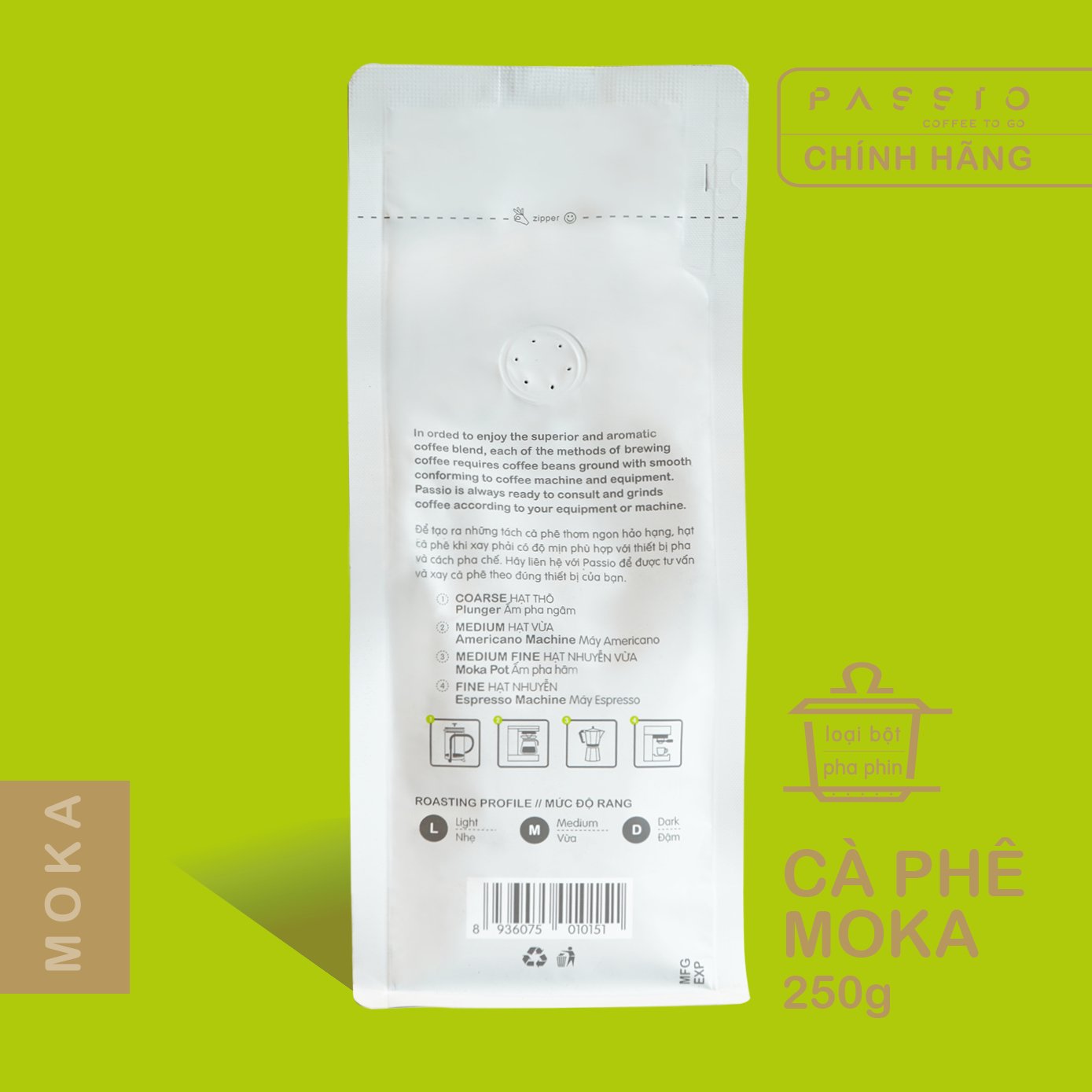 Cà phê Moka dạng Bột (pha phin) nguyên chất 100% rang mộc - Passio Coffee (250g)