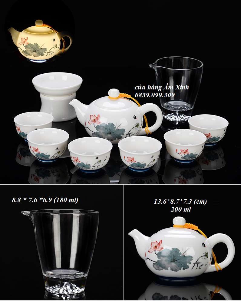 Bộ ấm chén sứ Bạch Định Thấu Quang