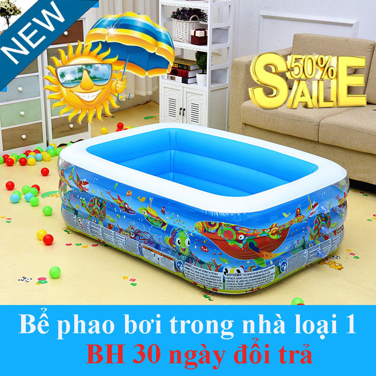 Bể bơi phao 3 tầng cao cấp hình chữ nhật cho bé kt 120x90x45cm, bể bơi siêu dày siêu bền