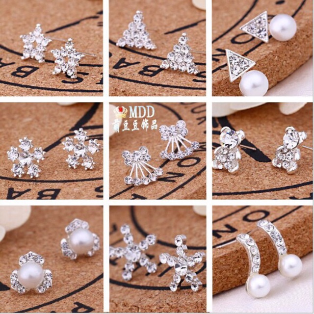Combo 10 đôi bông tai si bạc Đính Đá lấp lánh