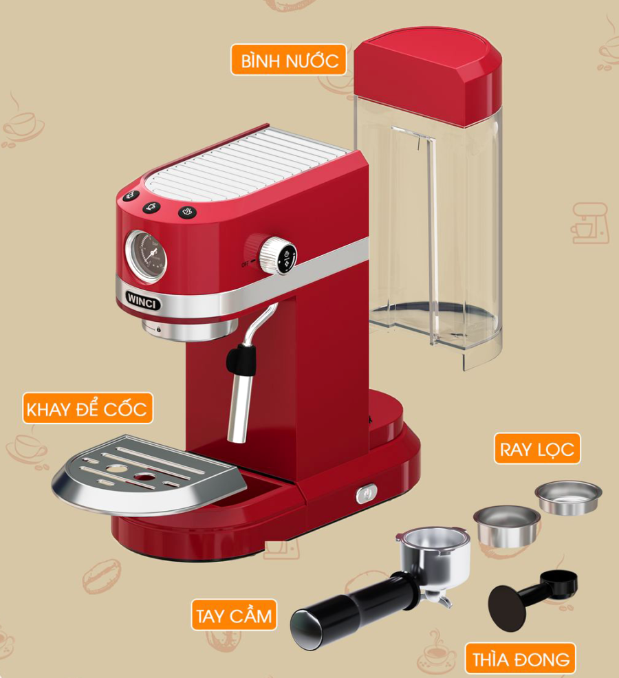 Máy pha cà phê Espresso, Capuchino, Latte Winci EM3012, bảo hành 24 tháng