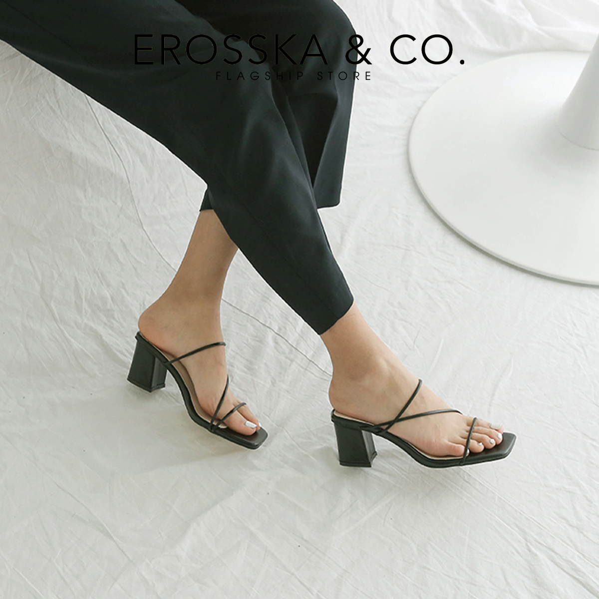 Dép cao gót Erosska mũi vuông phối dây kiểu dáng Hàn Quốc cao 7cm màu nude - EM074
