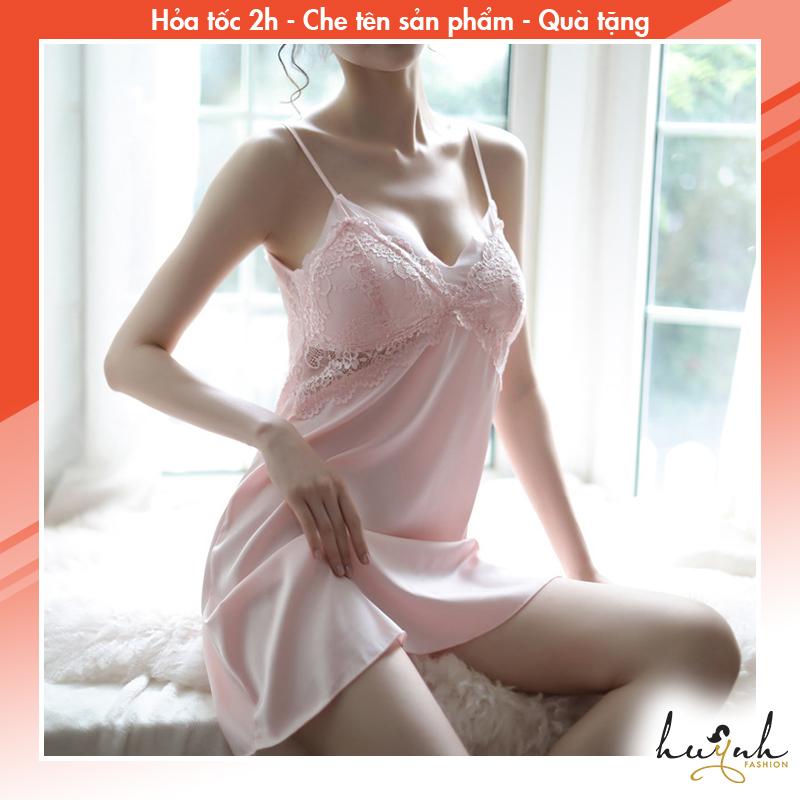 Đầm ngủ hai lây lụa phối ren có đệm ngực - N70