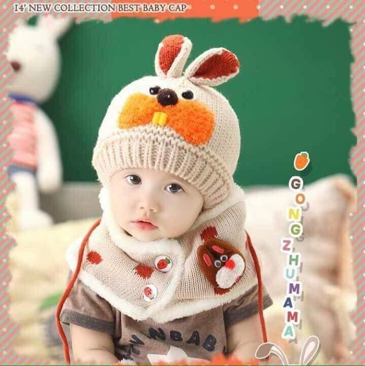 Set mũ len tai thỏ kèm khăn cho bé