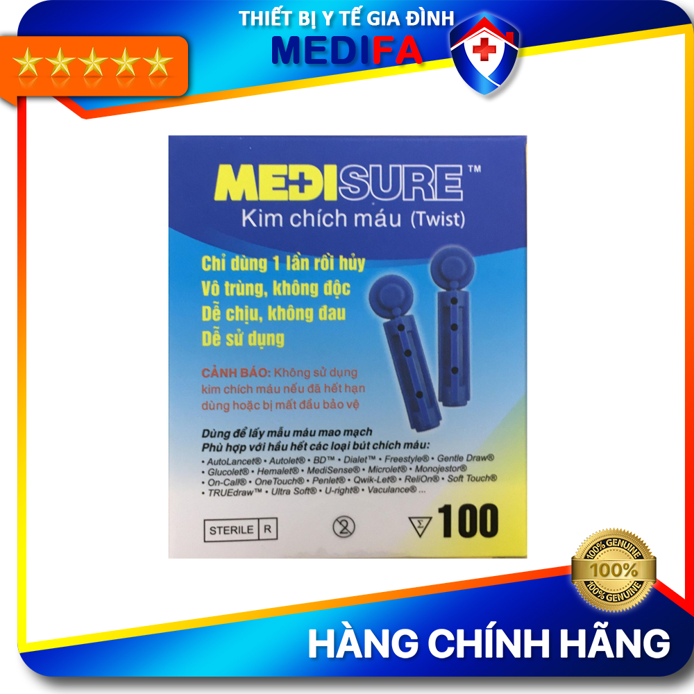 Hộp 100 Kim chích máu đường huyết Medisure vô trùng, đầu xoay vát 3 cạnh giảm đau và bớt sưng - Blood lancet Twist Type