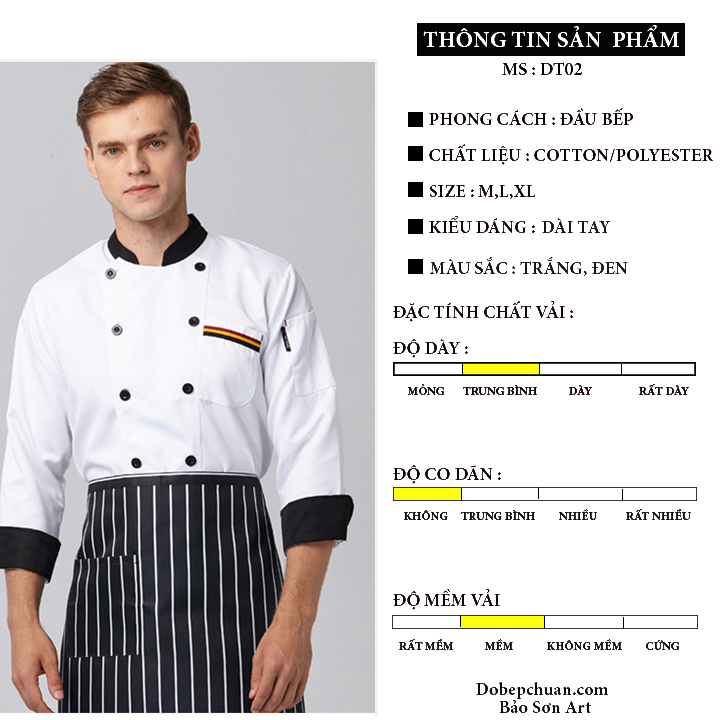 Áo Bếp Dài Tay Màu Trắng Và Đen Chuyên Nghiệp Cho Nam Và Nữ TD01