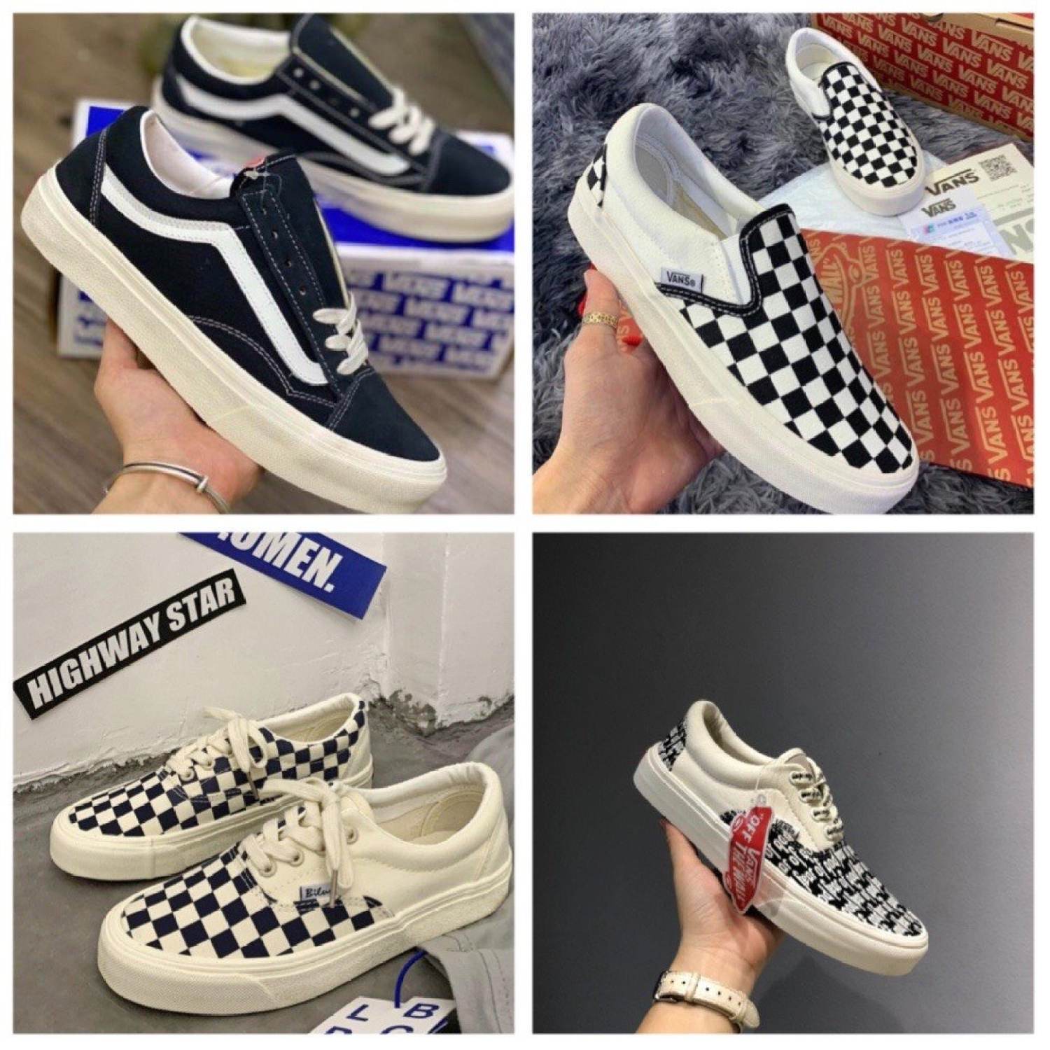 Giày vans đen , caro , giày sneaker van vault old dáng lười slip on hs
