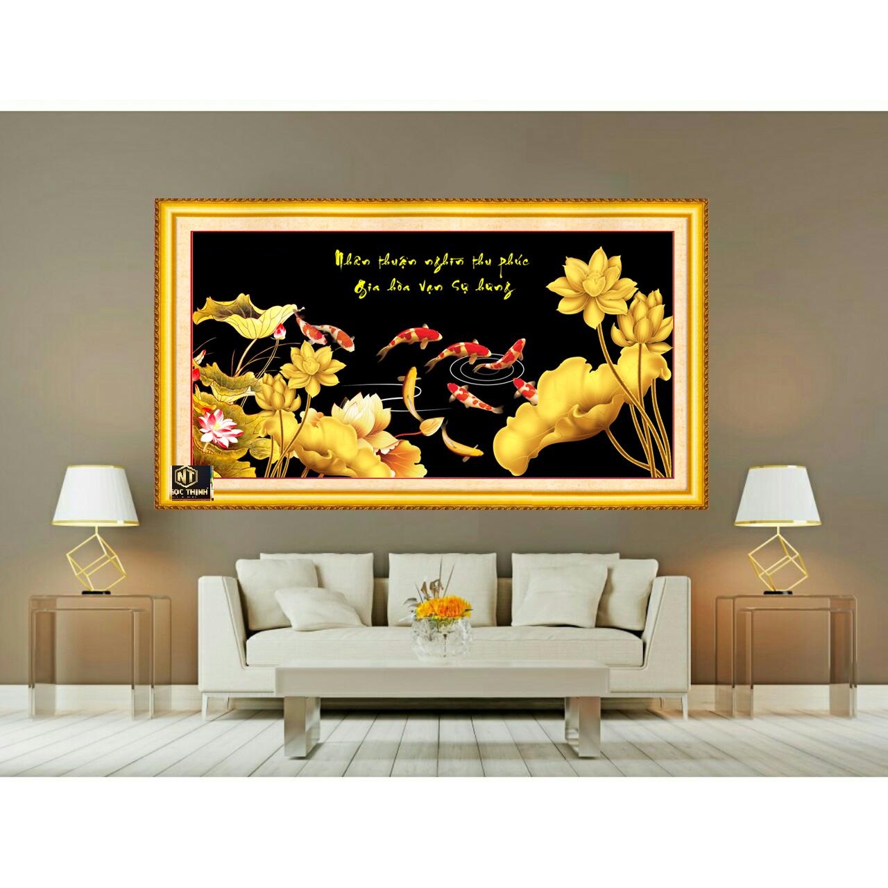 Tranh đính đá 9 cá sen vàng VS343 KT90x46cm