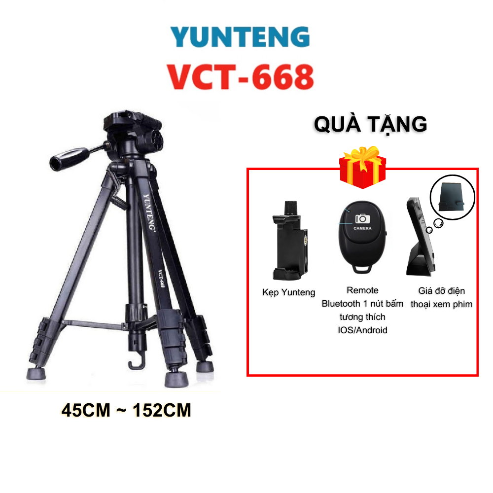 Chân máy ảnh tripod Yunteng VCT-668 (tặng kẹp điện thoại và remote bluetooth)