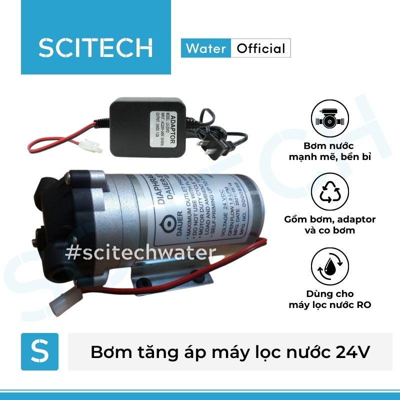 Bơm tăng áp máy lọc nước 24V (Tặng kèm co bơm) - Scitech Water