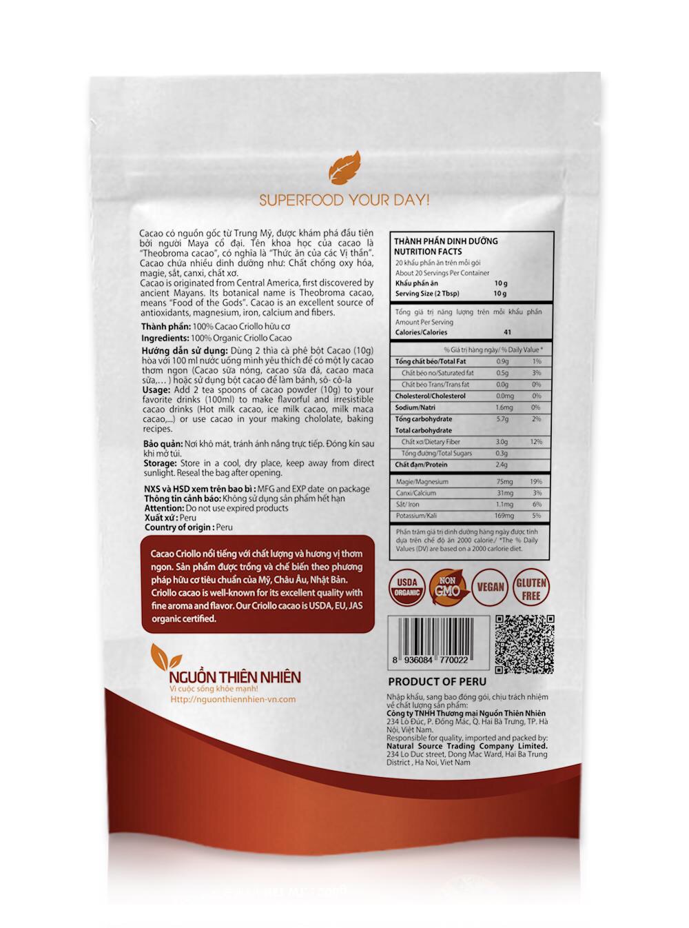 BỘT CACAO CRIOLLO HỮU CƠ PERU NGUYÊN CHẤT 200G