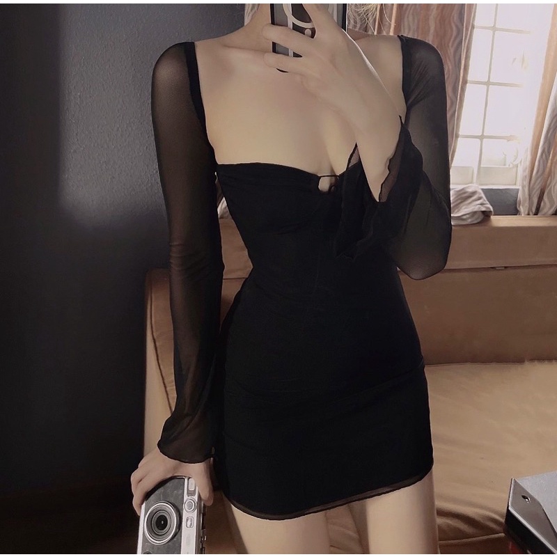 Đầm body thun mesh tay dài tôn dáng
