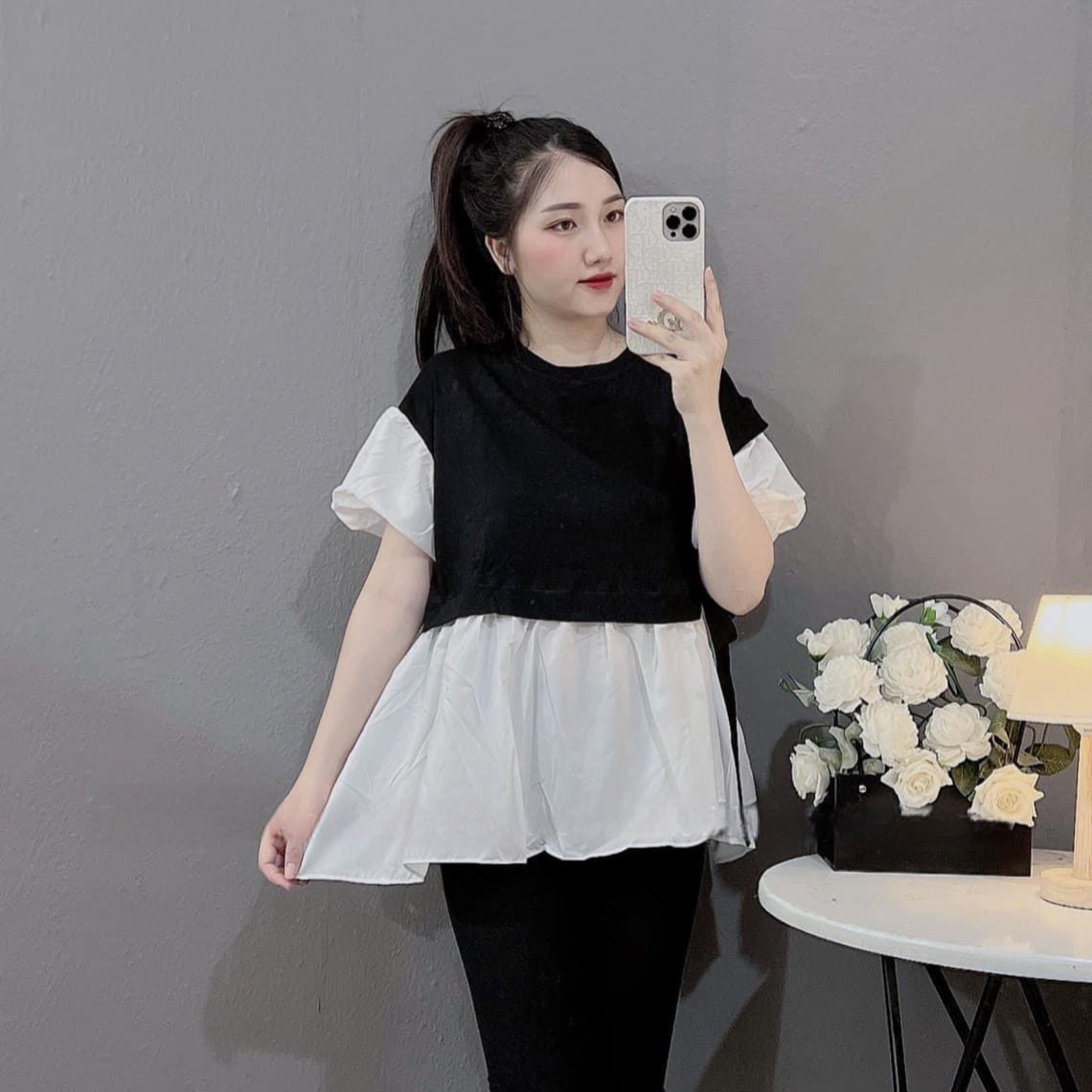 Áo bầu trắng đen công sở thắt nơ eo A091