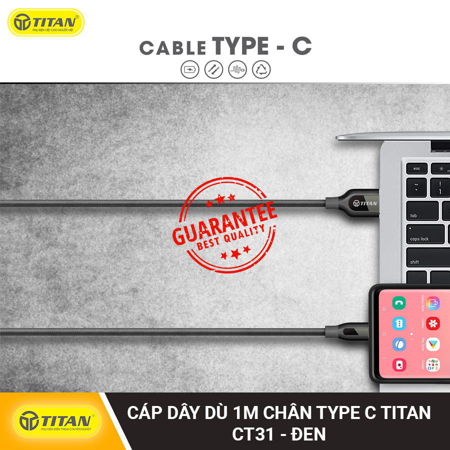 Cáp sạc TITAN CT31 dây dù 1m chân Type C sạc nhanh cho android (BẢO HÀNH 12 THÁNG)