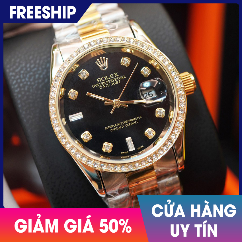[HCM][SIÊU GIẢM GIÁ] Đồng hồ nam Rolex Đen Size 38mm mặt tròn đính đá cao cấp