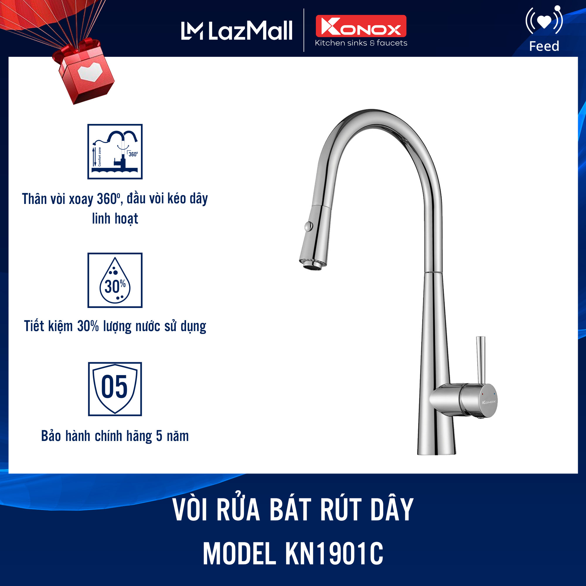 Vòi rửa bát dây rút Konox KN1901C