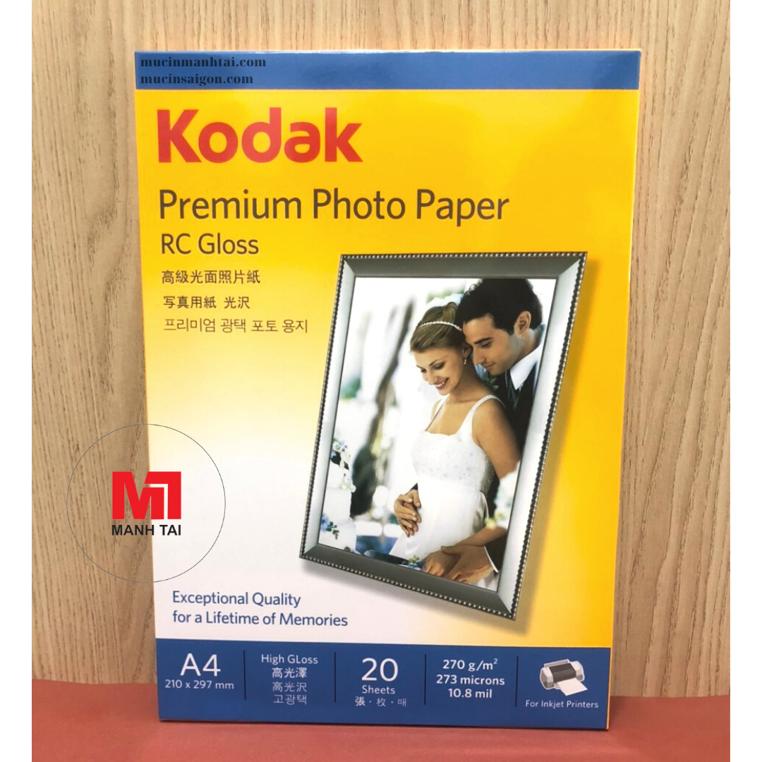Giấy in ảnh Kodak Chính Hãng 270gsm (A4) (20 tờ/xấp) - Giấy in chất lượng cao 1 mặt bóng, dùng cho máy in phun màu