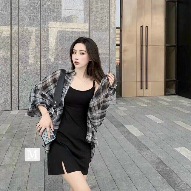 Sét Đầm Body Chất Umi Kèm Áo Khoác Caro Kiểu Dáng Mới Trẻ Trung Hiện Đại .QC