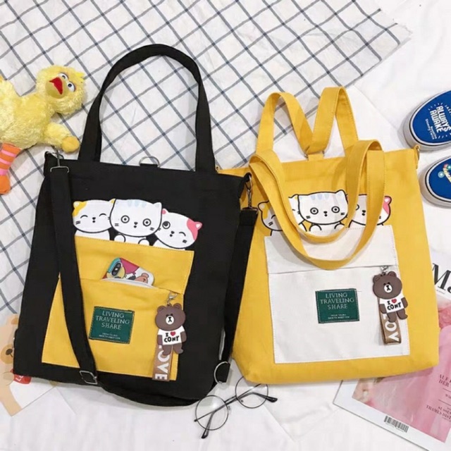 Túi ToTe đeo chéo đeo vai thời trang kiểu mới hình ba con mèo kute of KITI SHOP có khóa kéo vừa A4