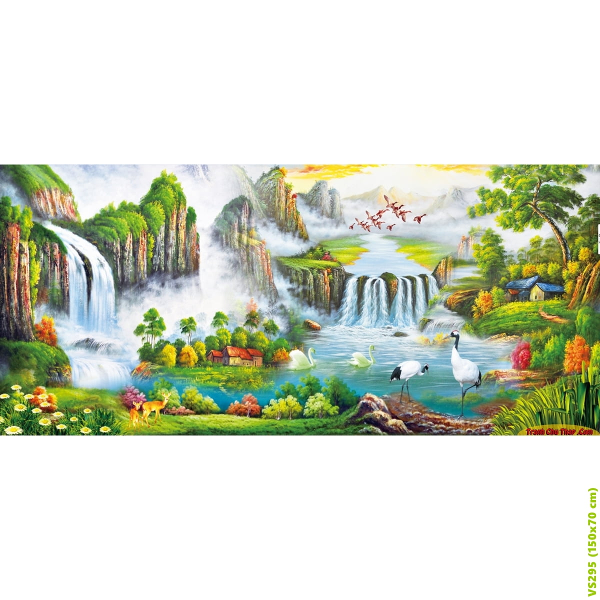 Tranh đính đá phong cảnh vs295 160x70cm. Làm từ vải nhung thiên nhiên,hình ảnh sắc nét,chất liệu dễ đóng khung Sản phẩm gồm vải đã có keo, bộ bút chấm,bao đựng tranh