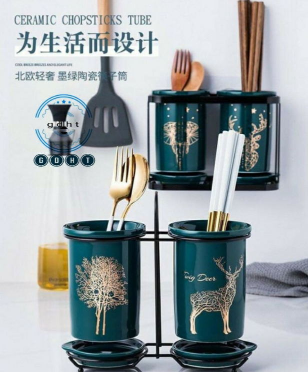 Ống cắm đũa sứ xương cao cấp khung kim loại mạ vàng