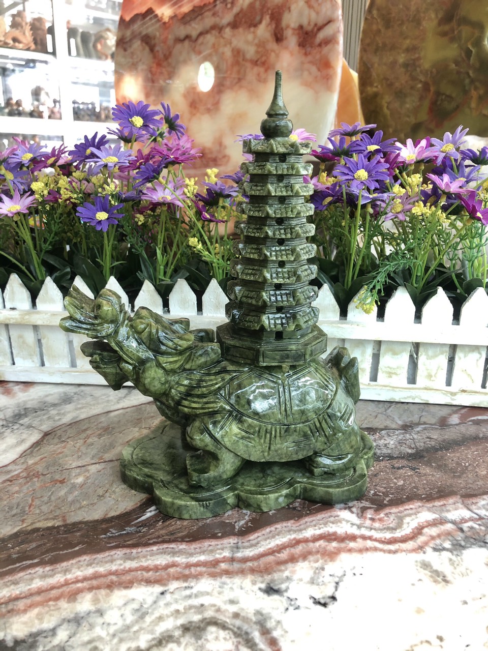 Tượng Long Quy ( Rùa đầu Rồng ) cõng tháp văn xương 9 tầng phong thủy cầu công danh tài lộc đá ngọc Ấn Độ - Dài 17cm